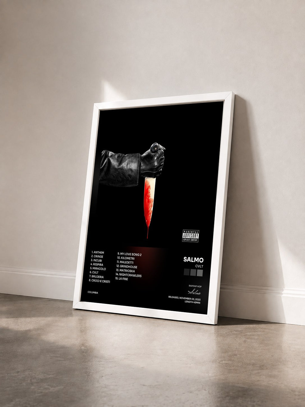 #blanc CVLT by Salmo as a framed art print seen at an angle, white frame
