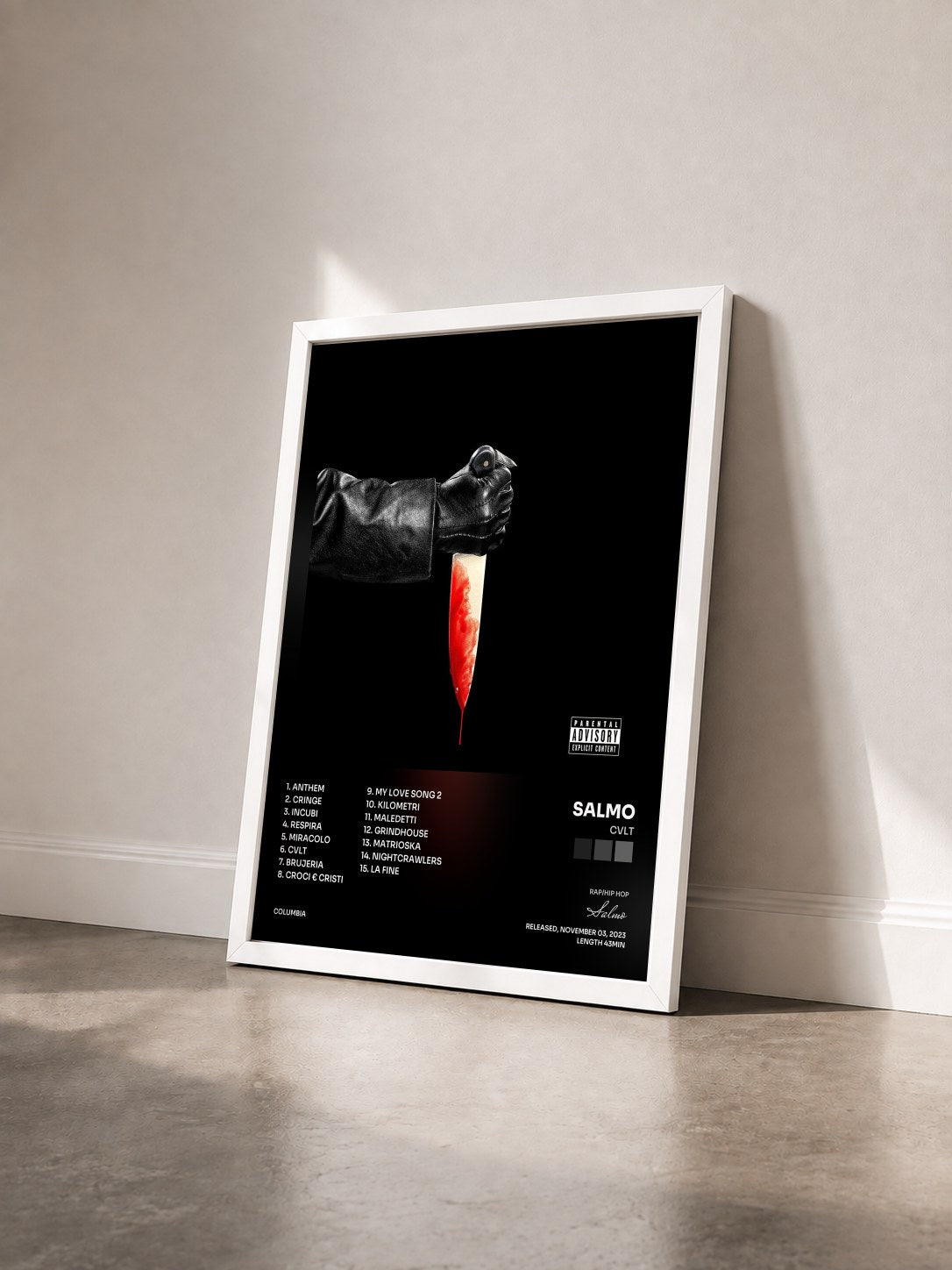 #blanc Tableau de l'album CVLT de Salmo vu de trois quarts, cadre blanc