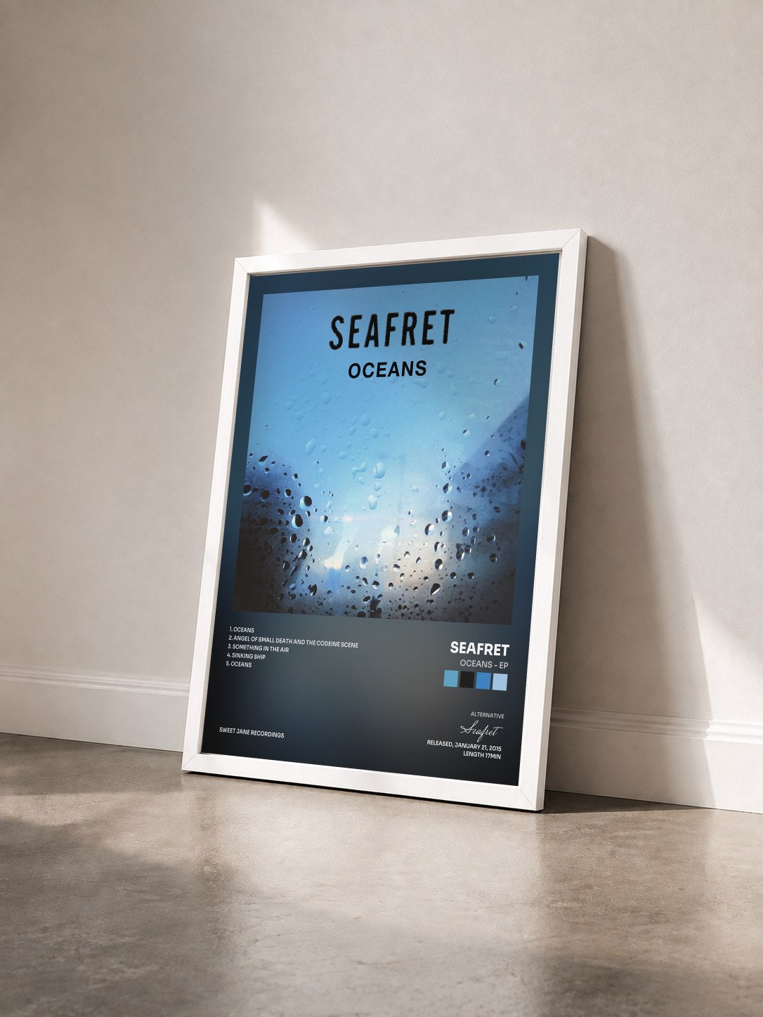 #blanc Tableau de l'album Oceans - EP de Seafret vu de trois quarts, cadre blanc