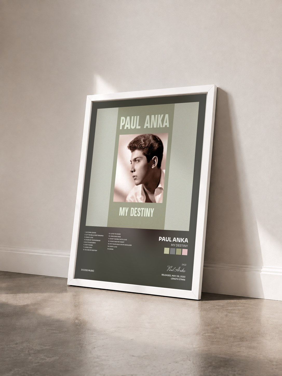 #blanc Tableau de l'album My Destiny de Paul Anka vu de trois quarts, cadre blanc