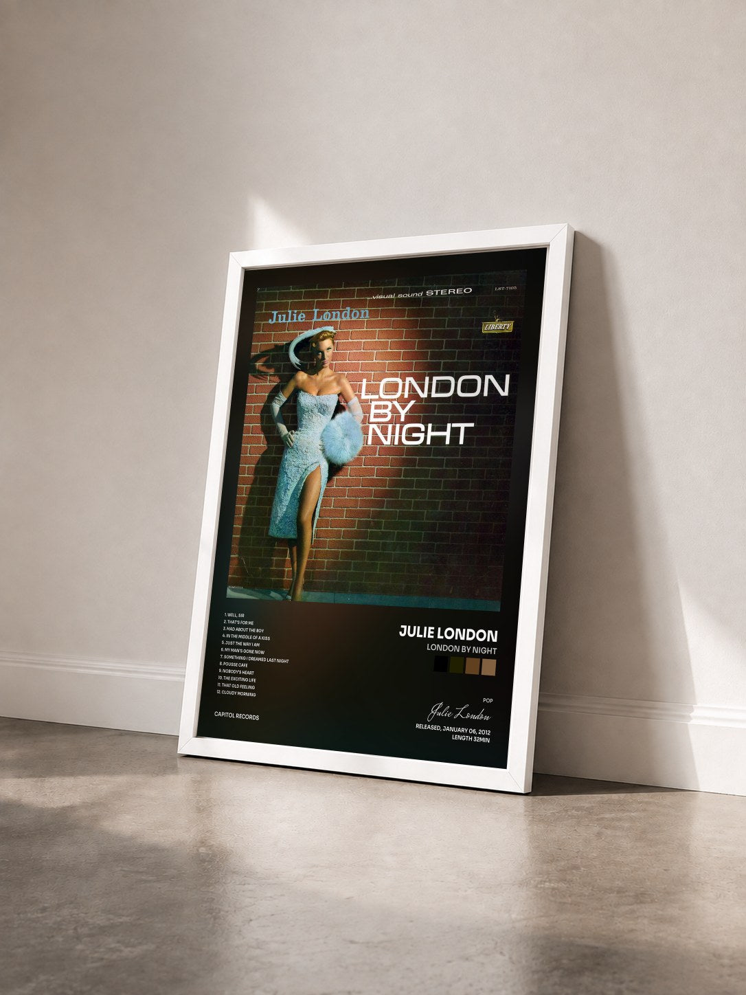 #blanc Tableau de l'album London By Night de Julie London vu de trois quarts, cadre blanc