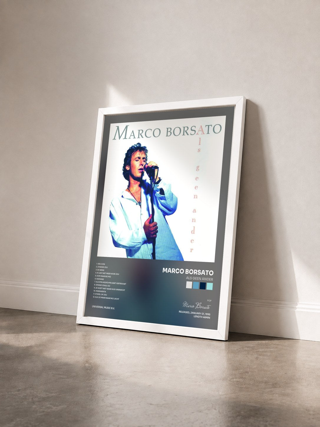 #blanc Tableau de l'album Als Geen Ander de Marco Borsato vu de trois quarts, cadre blanc