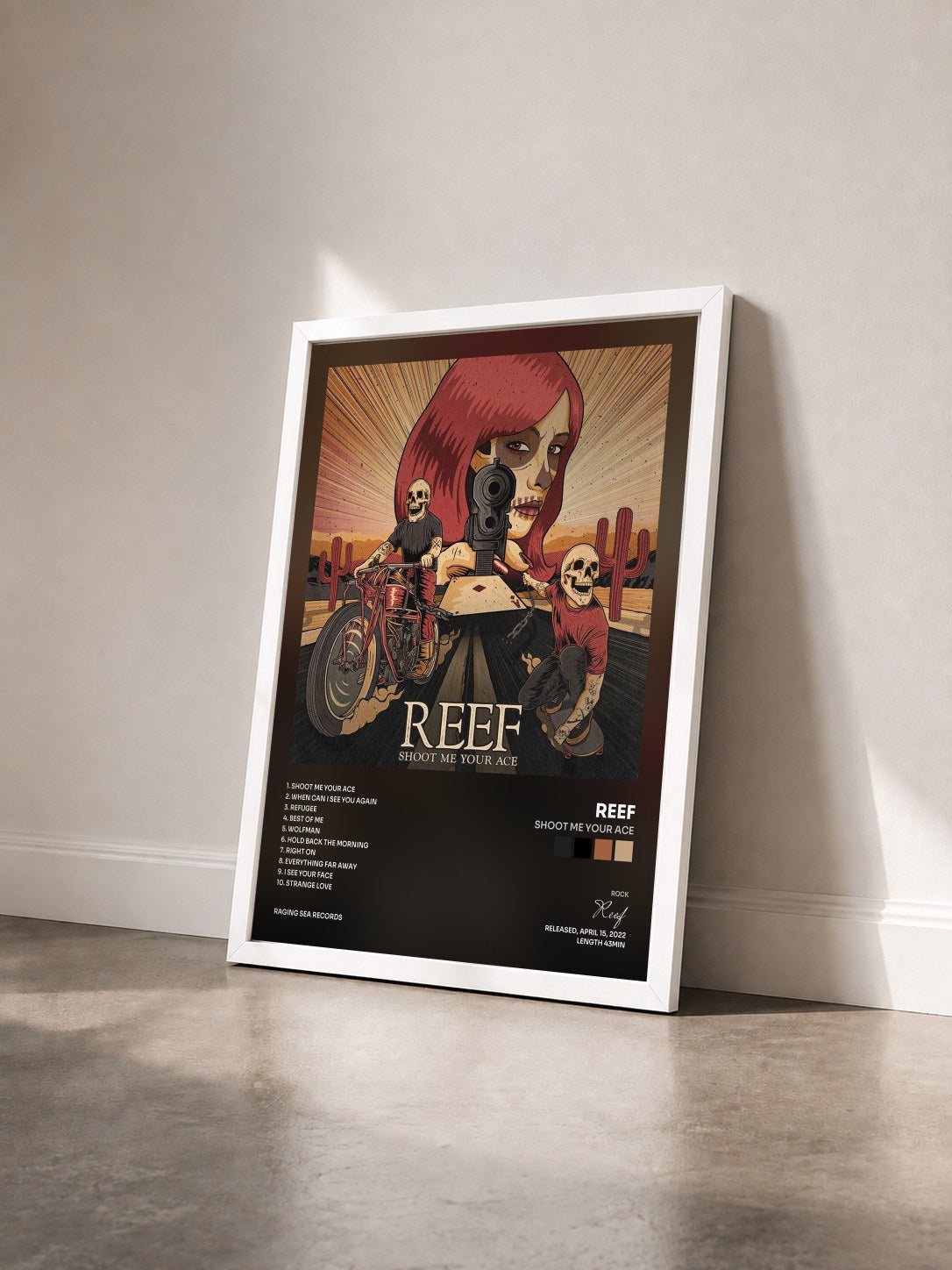 #blanc Tableau de l'album Shoot Me Your Ace de Reef vu de trois quarts, cadre blanc