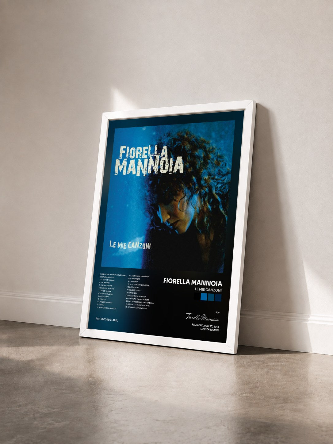 #blanc Tableau de l'album Le Mie Canzoni de Fiorella Mannoia vu de trois quarts, cadre blanc