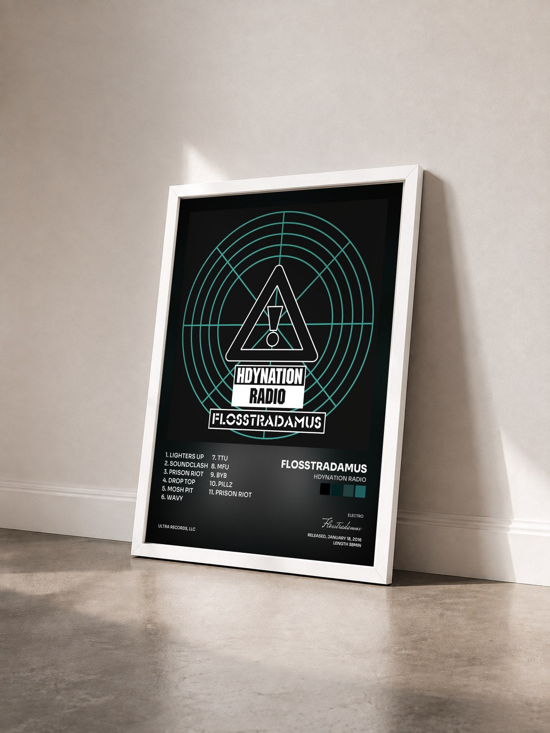 #blanc Tableau de l'album HDYNATION RADIO de Flosstradamus vu de trois quarts, cadre blanc