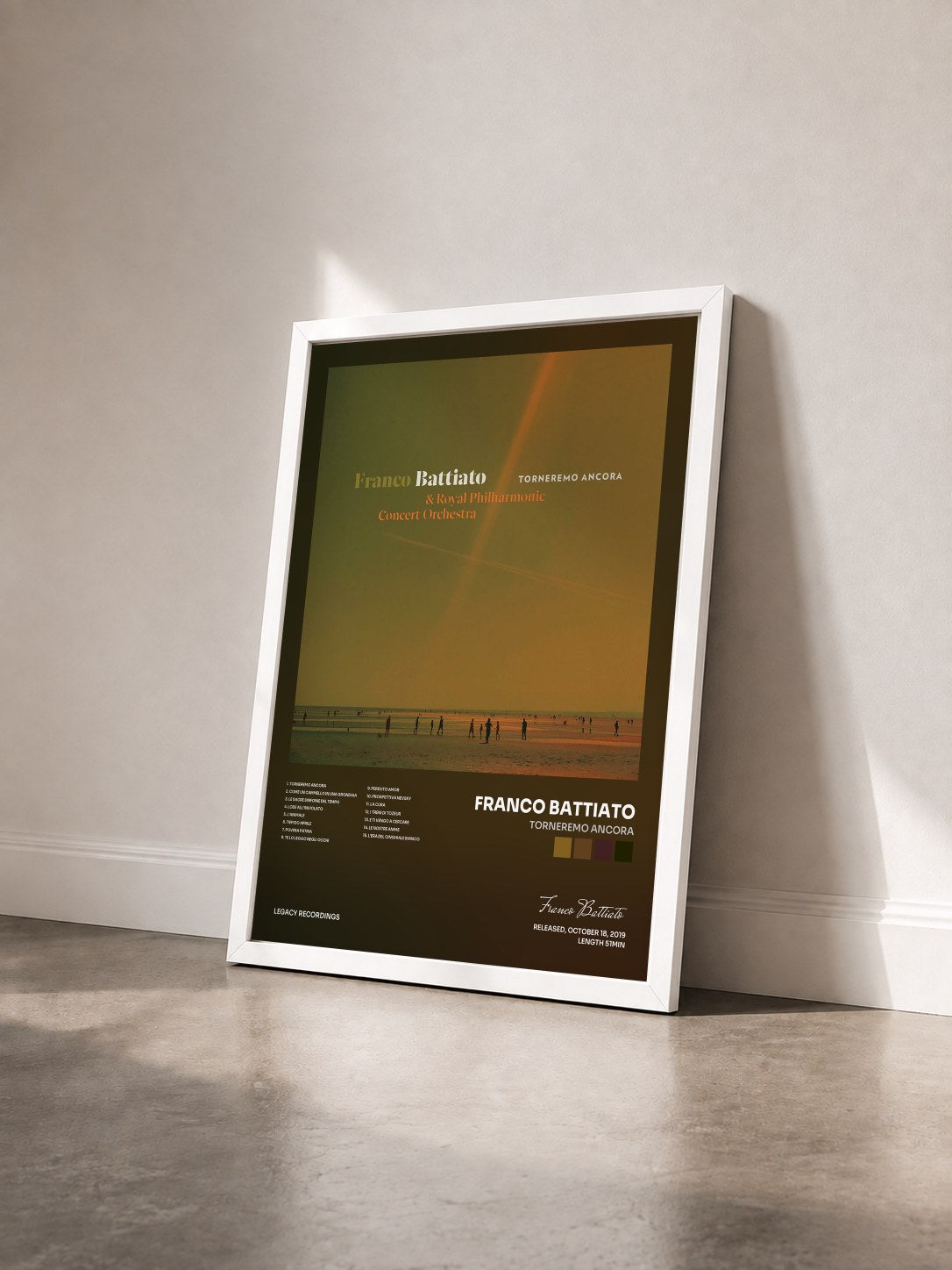 #blanc Tableau de l'album Torneremo Ancora de Franco Battiato vu de trois quarts, cadre blanc