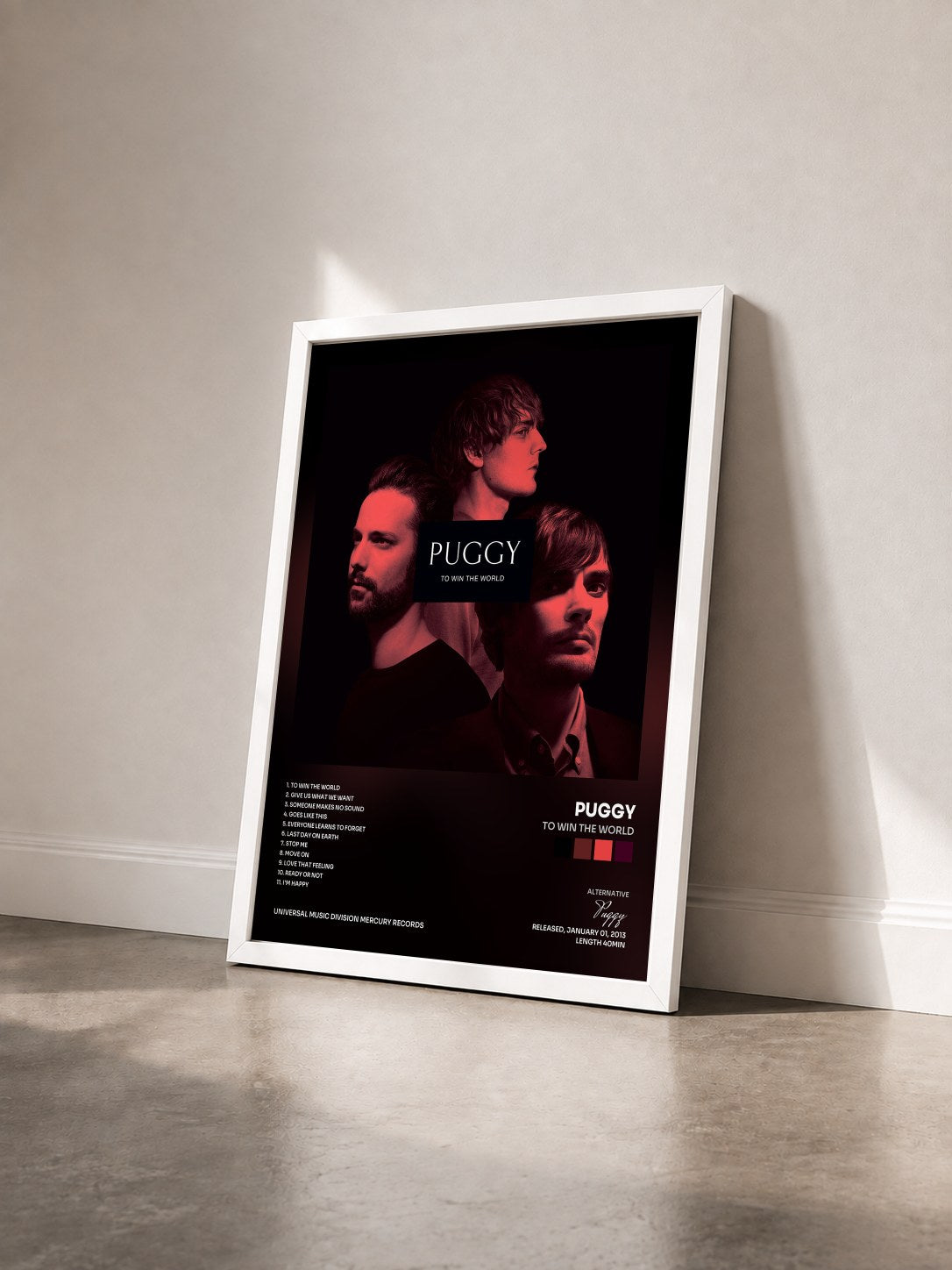 #blanc Tableau de l'album To Win The World de Puggy vu de trois quarts, cadre blanc