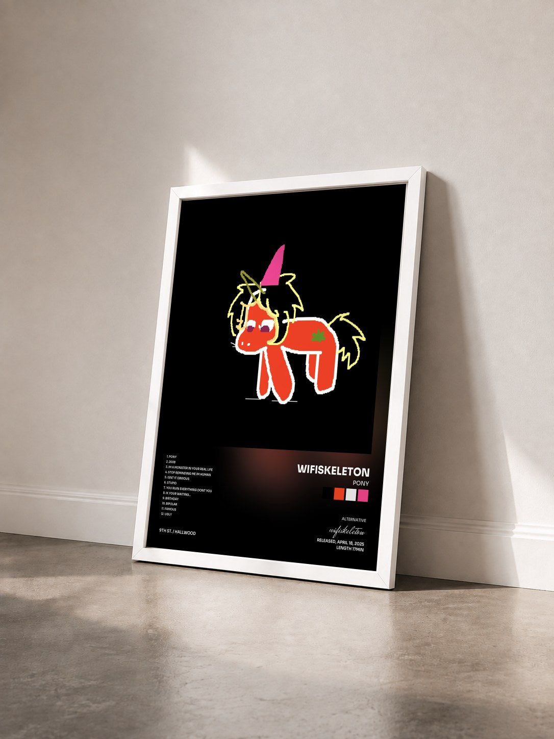 #blanc Tableau de l'album pony de wifiskeleton vu de trois quarts, cadre blanc