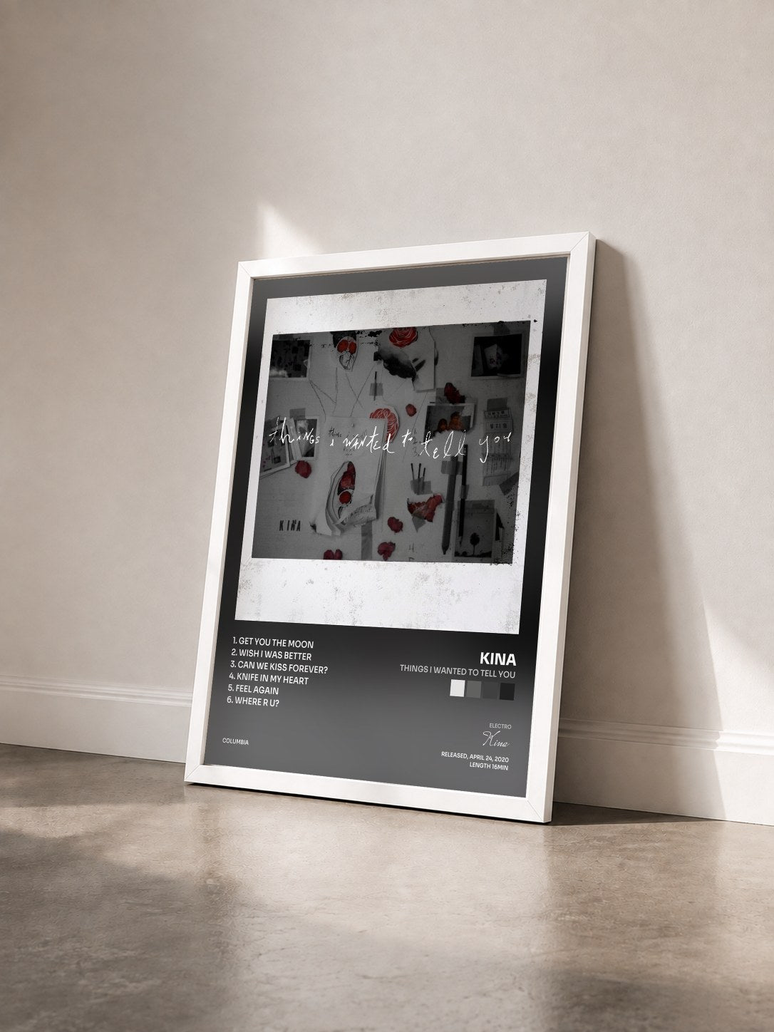 #blanc Tableau de l'album Things I Wanted To Tell You de Kina vu de trois quarts, cadre blanc