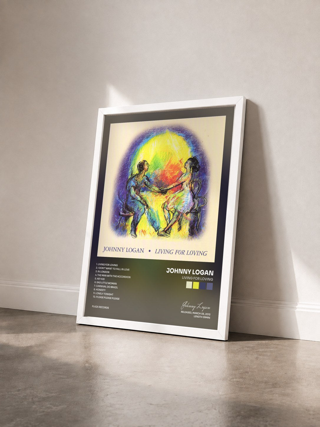 #blanc Tableau de l'album Living for loving de Johnny Logan vu de trois quarts, cadre blanc