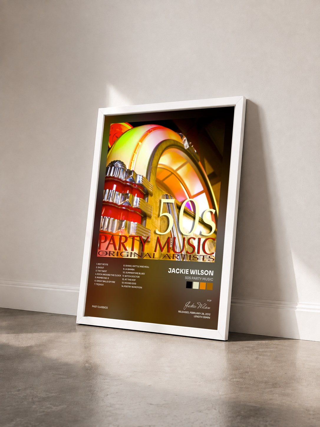 #blanc Tableau de l'album 50s Party Music de Jackie Wilson vu de trois quarts, cadre blanc