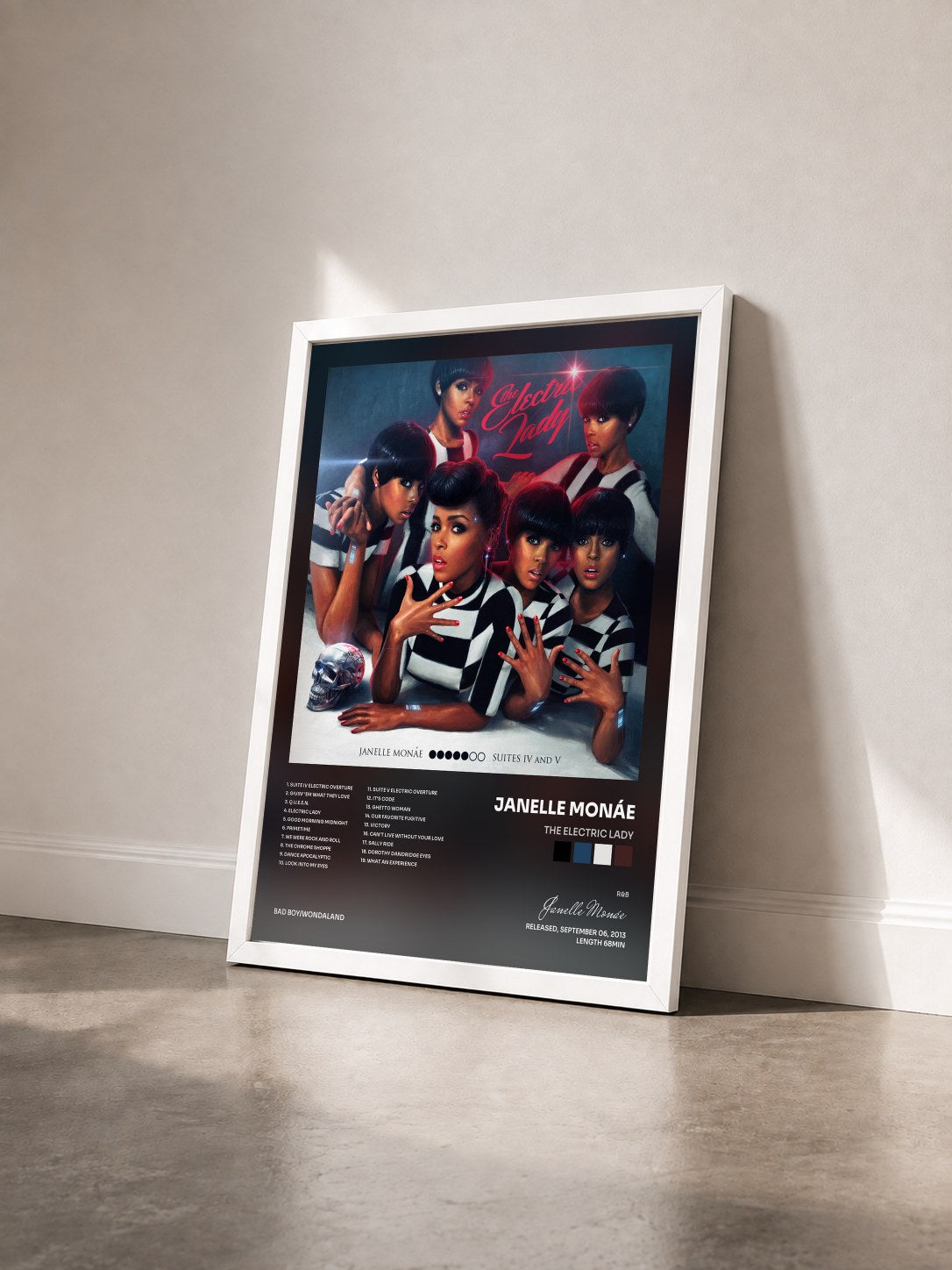 #blanc Tableau de l'album The Electric Lady de Janelle Monáe vu de trois quarts, cadre blanc