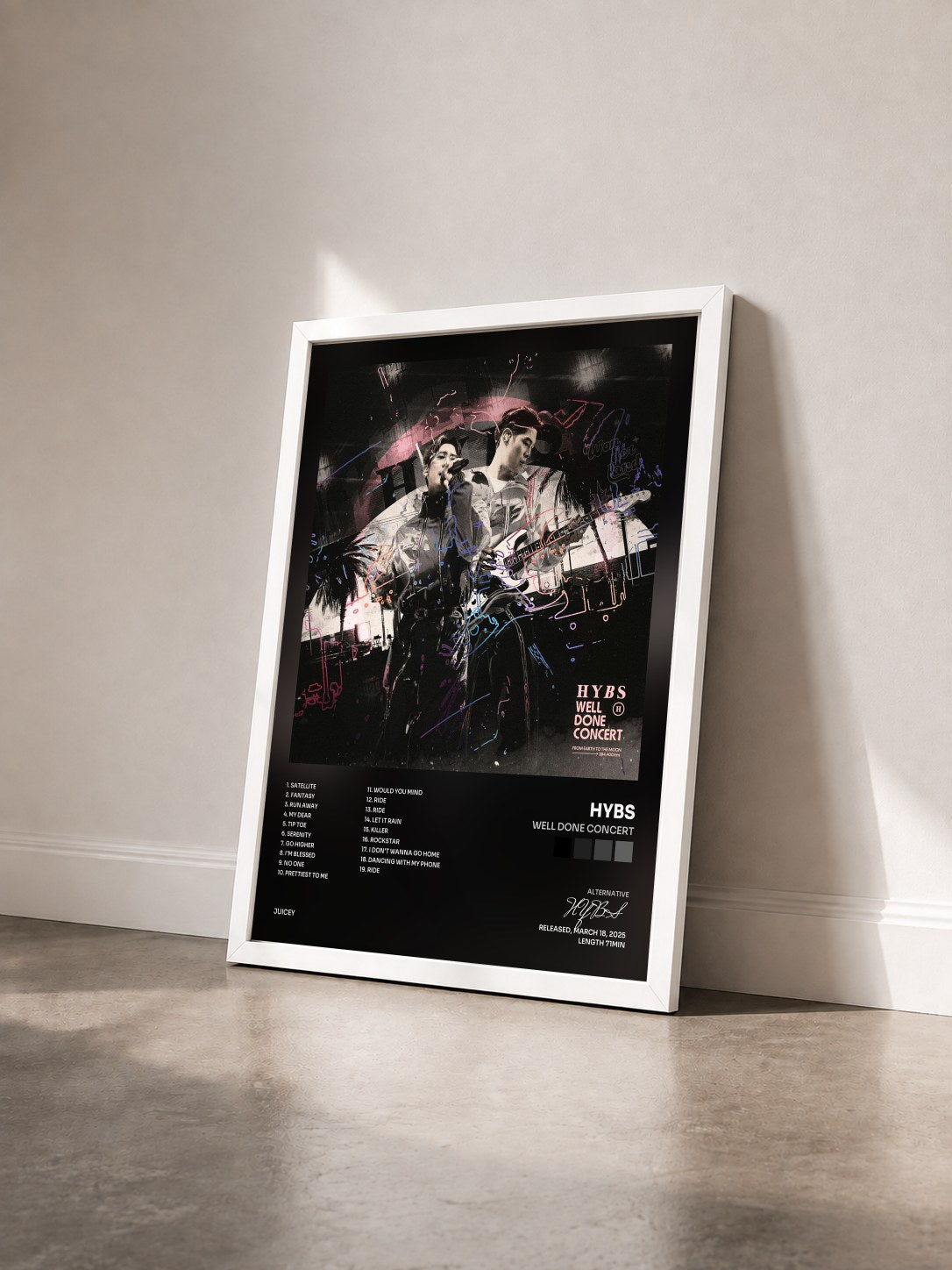 #blanc Tableau de l'album Well Done Concert de HYBS vu de trois quarts, cadre blanc