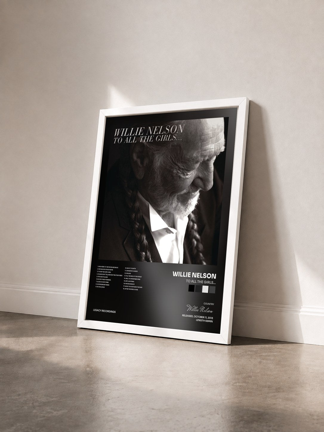 #blanc Tableau de l'album To All The Girls... de Willie Nelson vu de trois quarts, cadre blanc