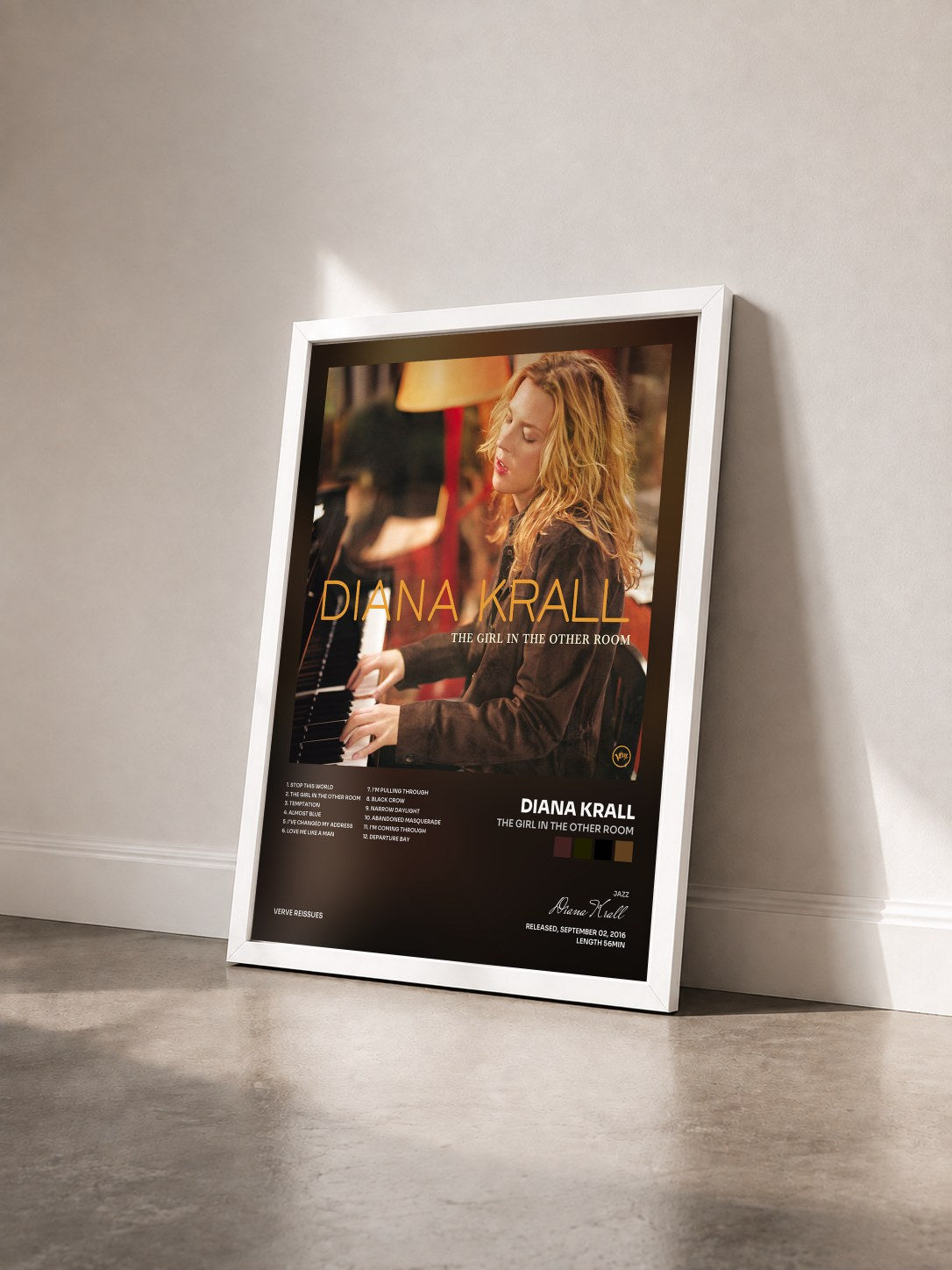 #blanc Tableau de l'album The Girl In The Other Room de Diana Krall vu de trois quarts, cadre blanc