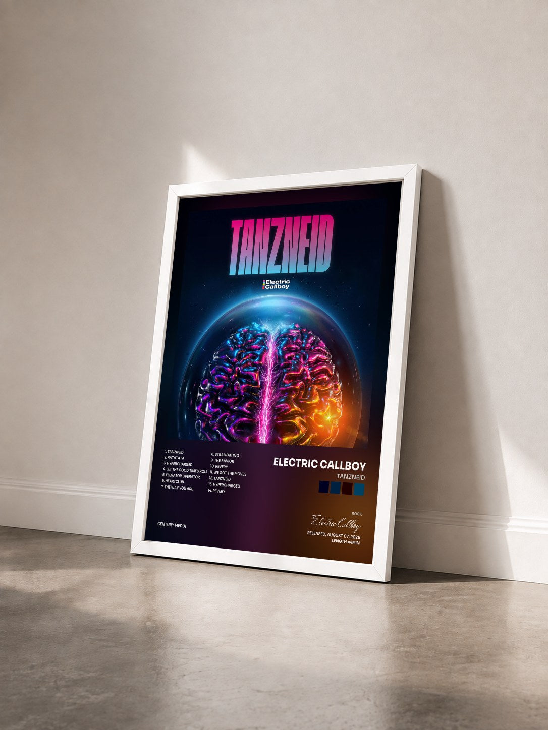 #blanc Tableau de l'album TANZNEID de Electric Callboy vu de trois quarts, cadre blanc