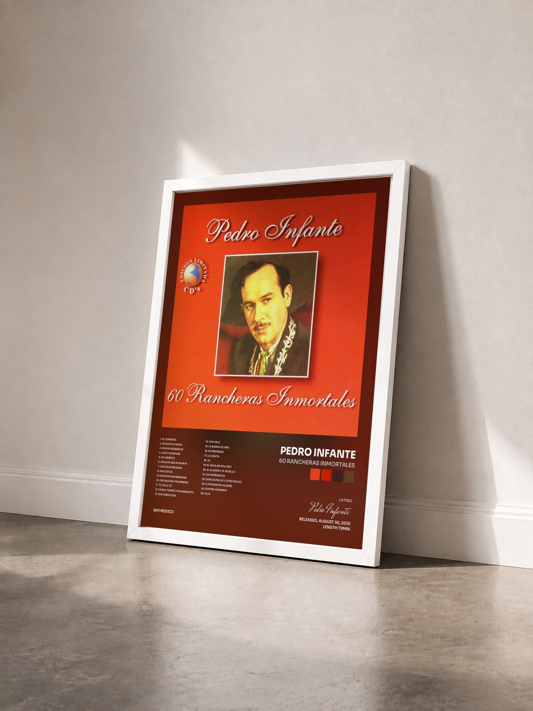 #blanc Tableau de l'album 60 Rancheras Inmortales de Pedro Infante vu de trois quarts, cadre blanc