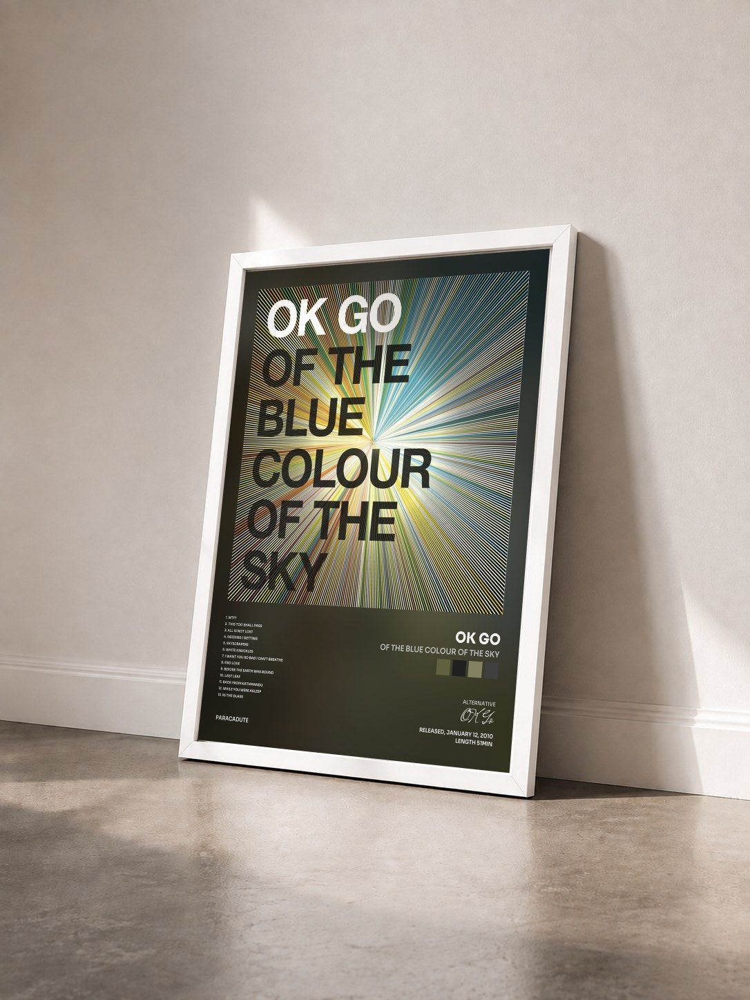 #blanc Tableau de l'album Of the Blue Colour of the Sky de OK Go vu de trois quarts, cadre blanc