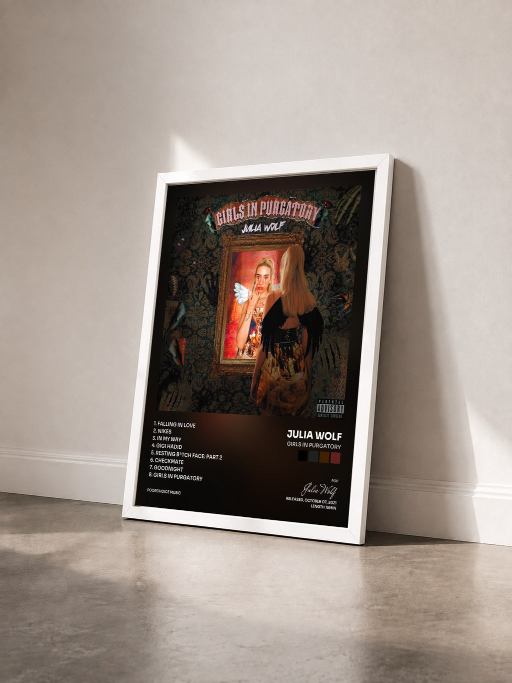 #blanc Girls In Purgatory by Julia Wolf as a framed art print seen at an angle, white frame