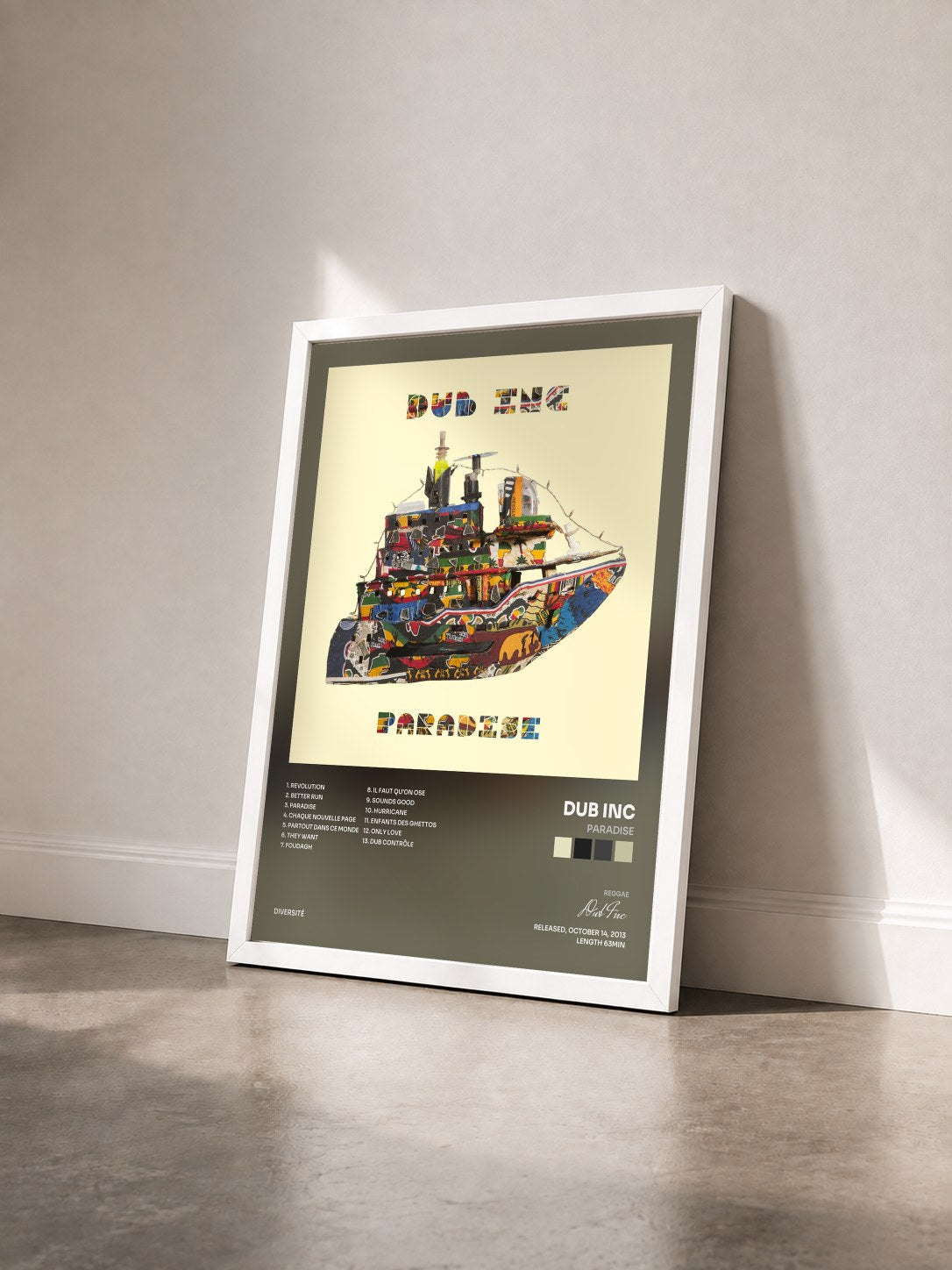 #blanc Tableau de l'album Paradise de Dub Inc vu de trois quarts, cadre blanc