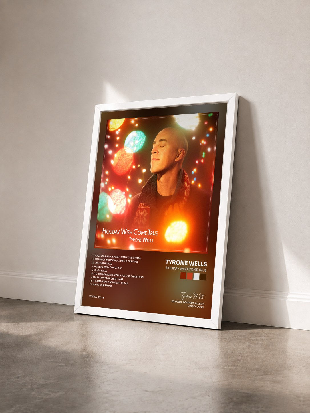 #blanc Tableau de l'album Holiday Wish Come True de Tyrone Wells vu de trois quarts, cadre blanc