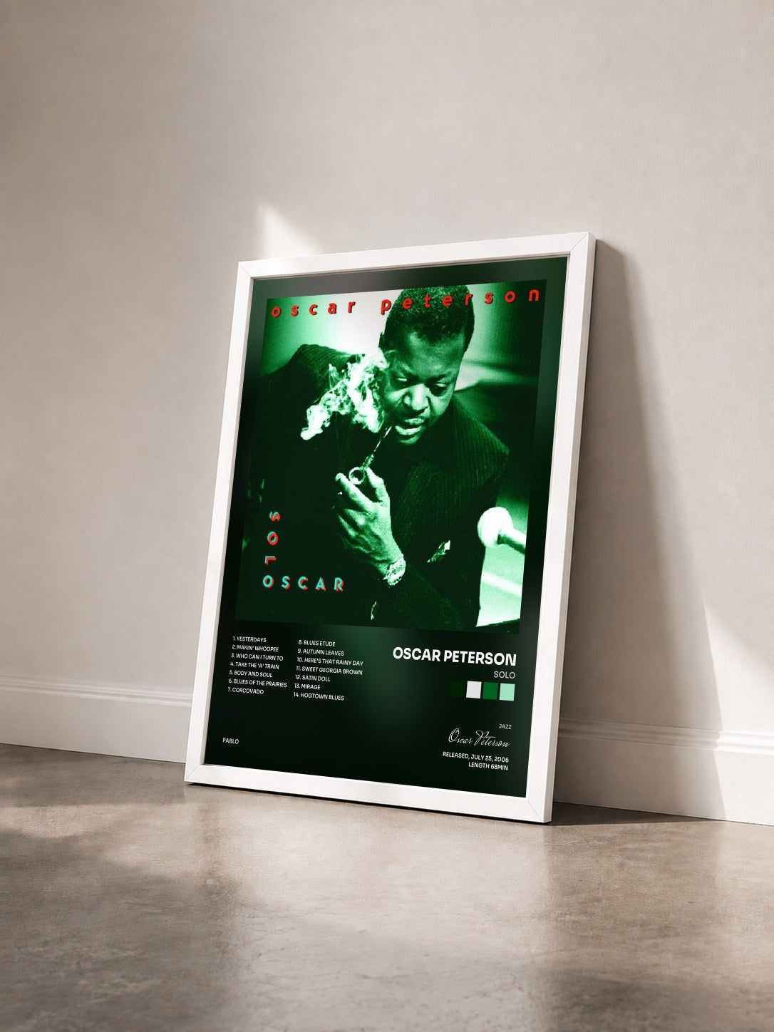 #blanc Tableau de l'album Solo de Oscar Peterson vu de trois quarts, cadre blanc