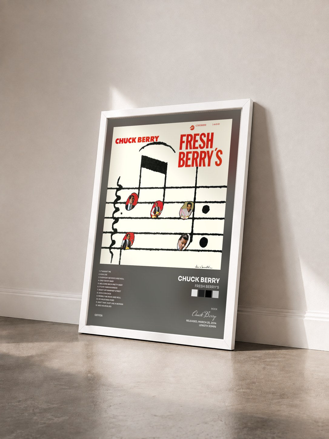 #blanc Tableau de l'album Fresh Berry's de Chuck Berry vu de trois quarts, cadre blanc
