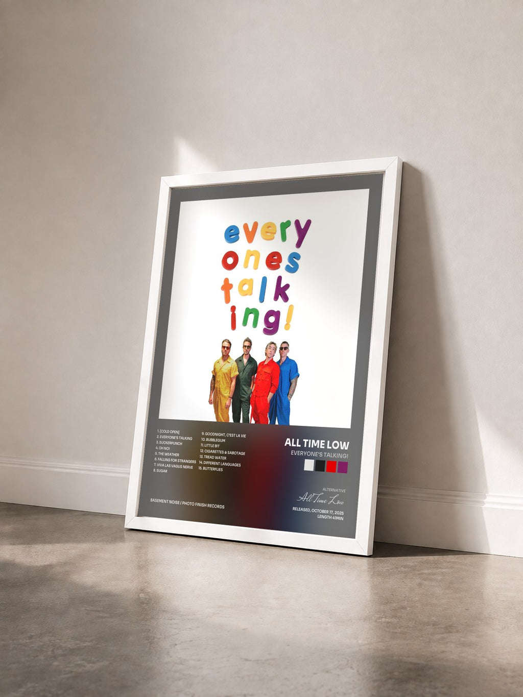 #blanc Tableau de l'album Everyone's Talking! de All Time Low vu de trois quarts, cadre blanc