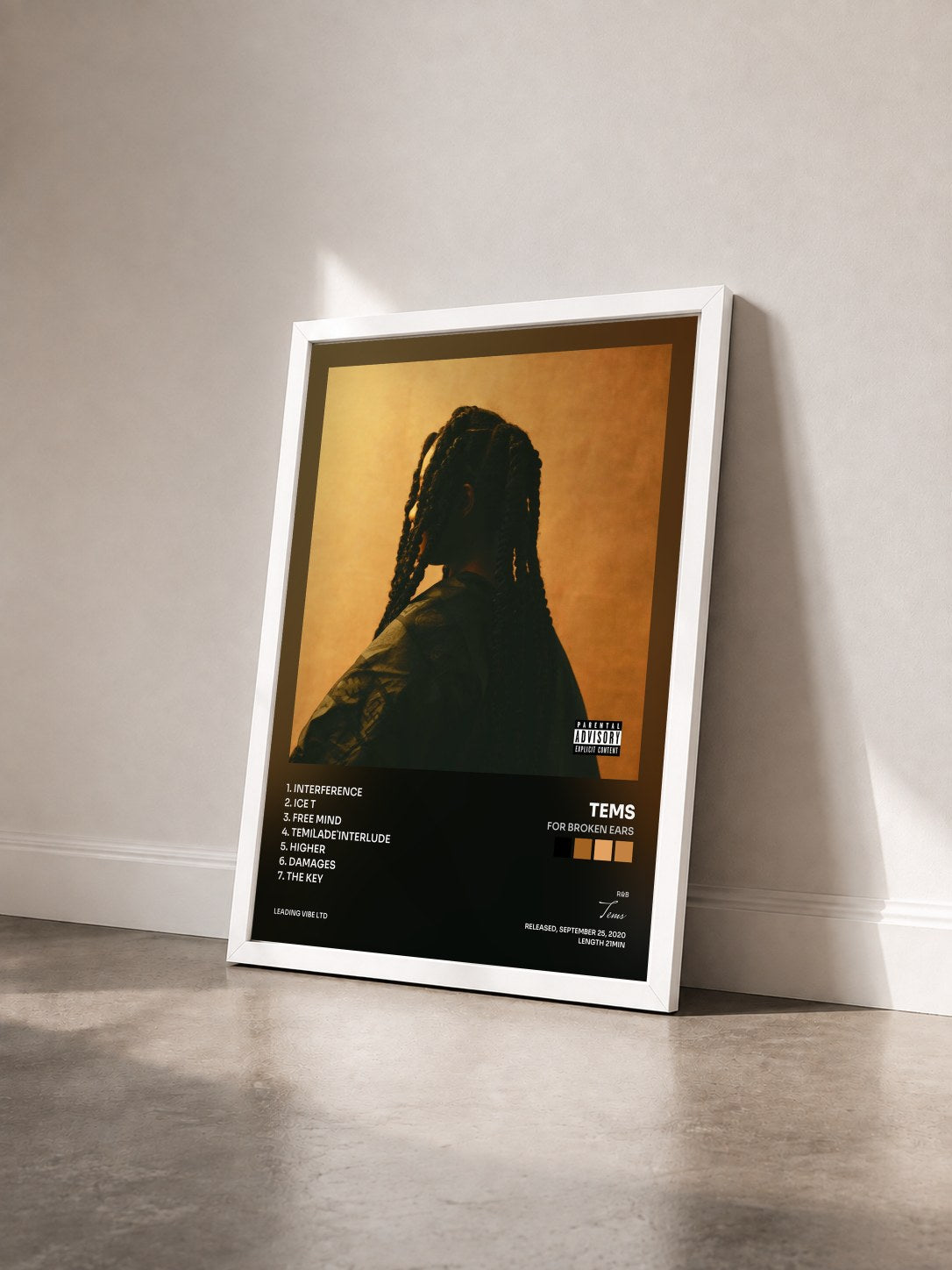 #blanc Tableau de l'album For Broken Ears de Tems vu de trois quarts, cadre blanc