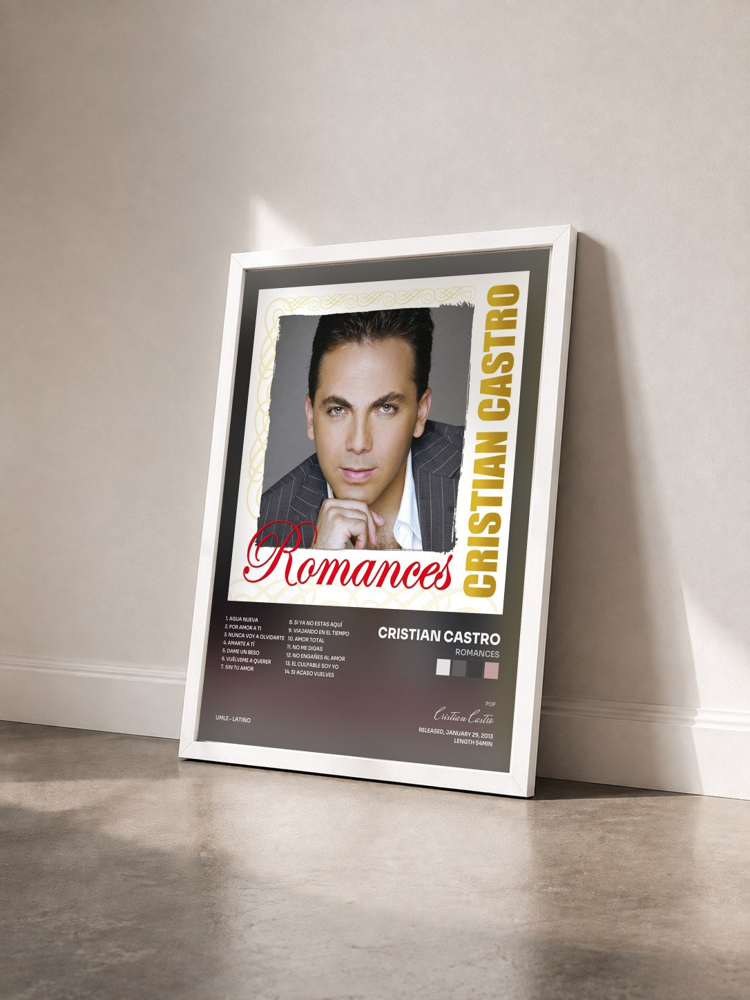 #blanc Tableau de l'album Romances de Cristian Castro vu de trois quarts, cadre blanc