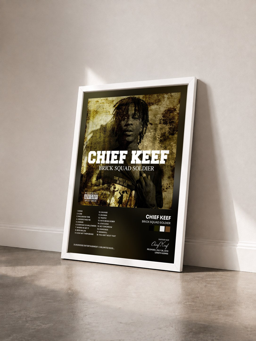 #blanc Tableau de l'album Brick Squad Soldier de Chief Keef vu de trois quarts, cadre blanc