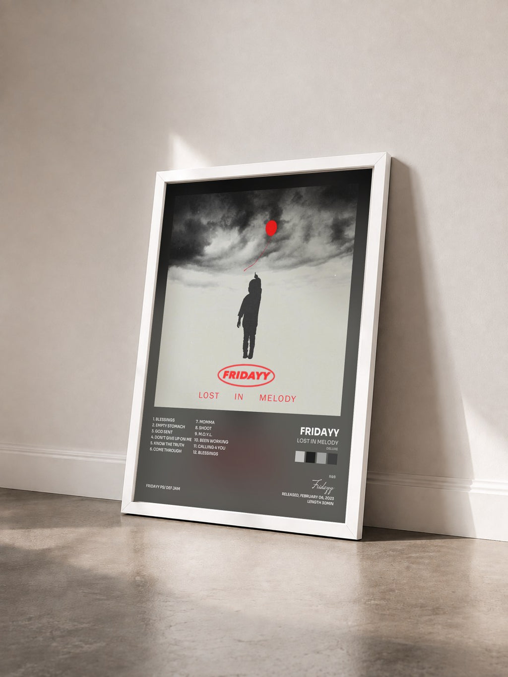 #blanc Tableau de l'album Lost In Melody (Deluxe) de Fridayy vu de trois quarts, cadre blanc