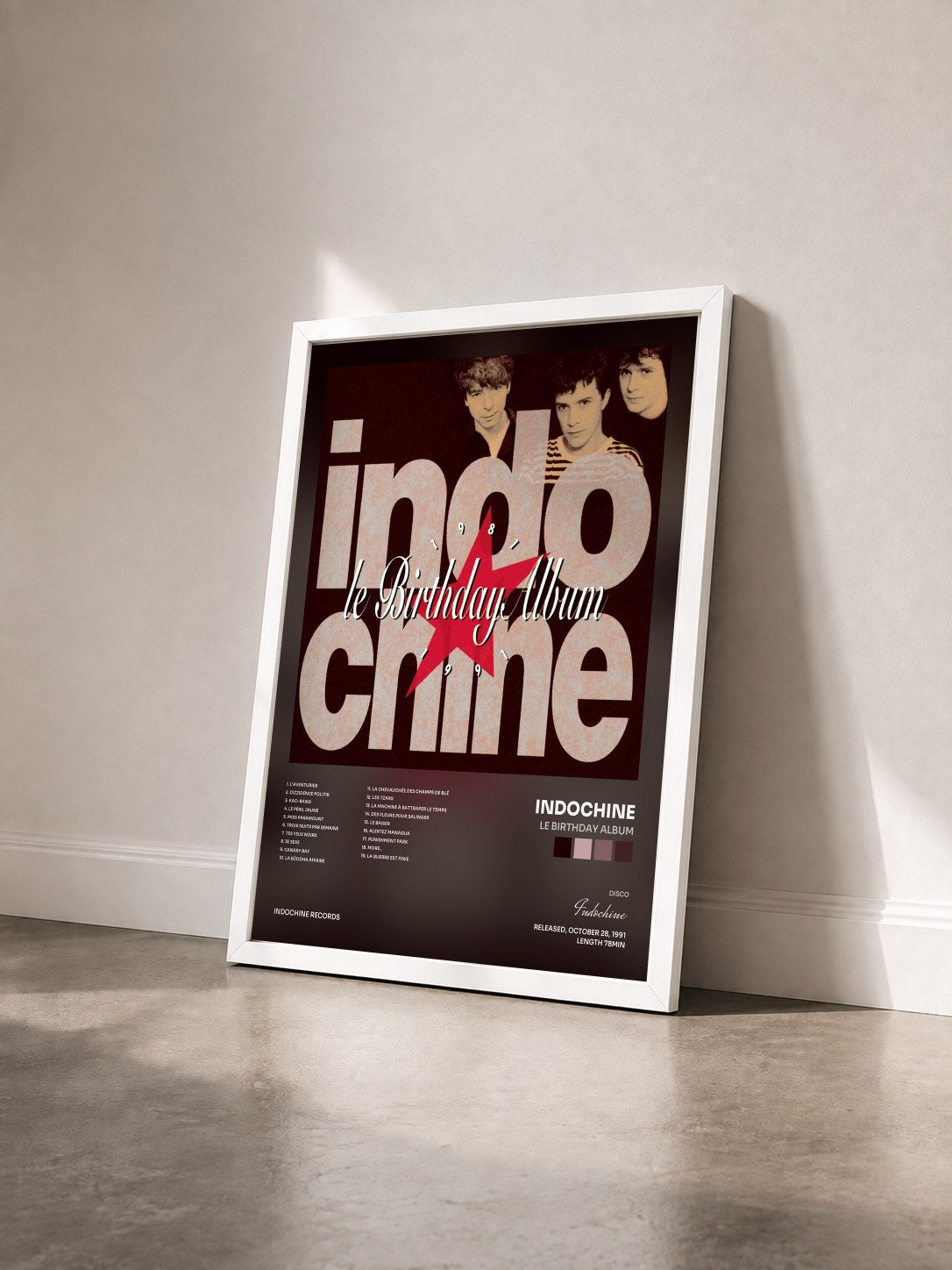 #blanc Tableau de l'album Le Birthday album de Indochine vu de trois quarts, cadre blanc