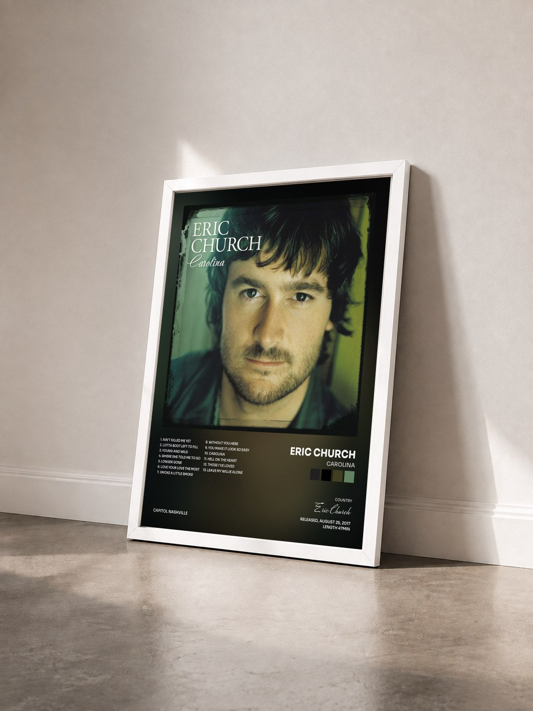 #blanc Tableau de l'album Carolina de Eric Church vu de trois quarts, cadre blanc