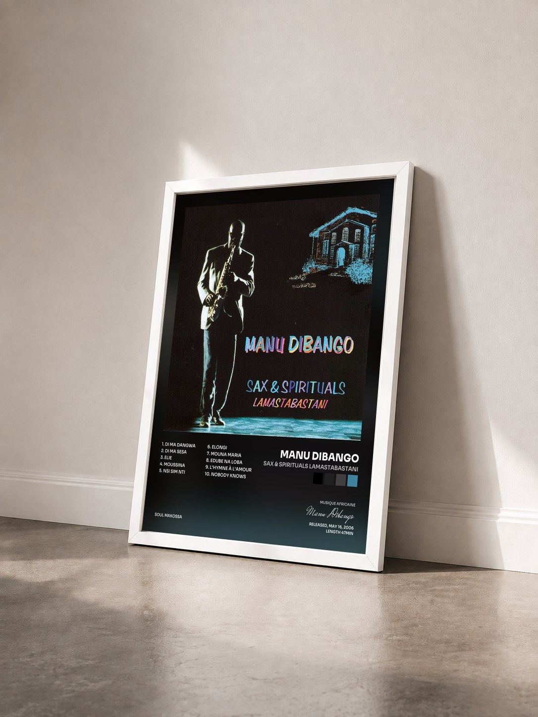 #blanc Tableau de l'album Sax & Spirituals Lamastabastani de Manu Dibango vu de trois quarts, cadre blanc