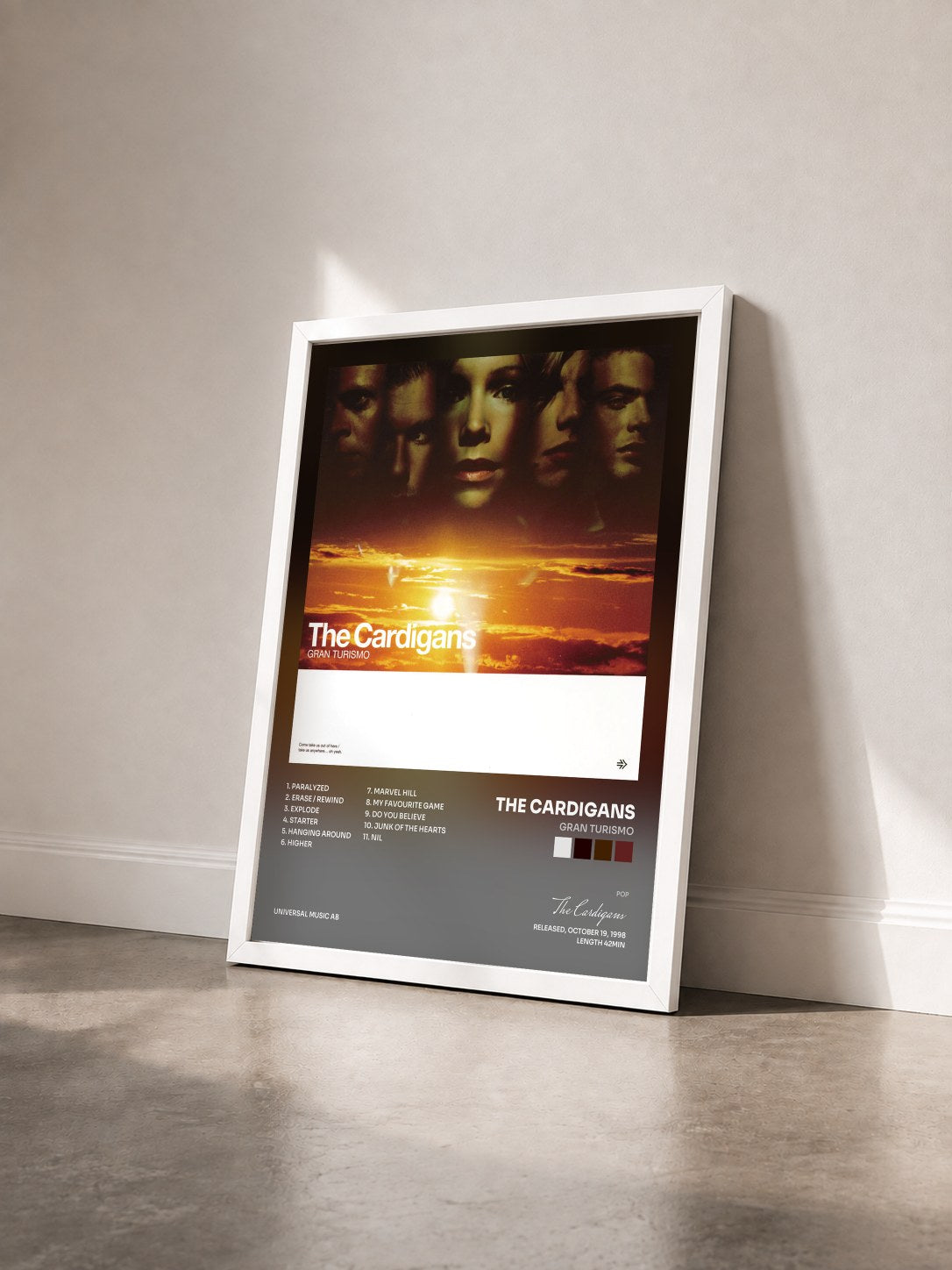 #blanc Tableau de l'album Gran Turismo de The Cardigans vu de trois quarts, cadre blanc