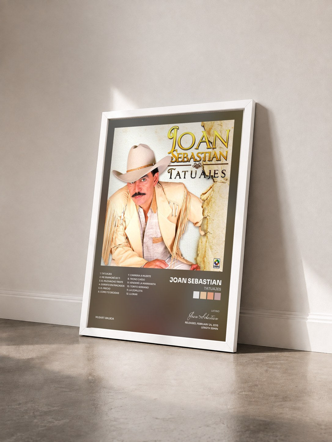 #blanc Tableau de l'album Tatuajes de Joan Sebastian vu de trois quarts, cadre blanc