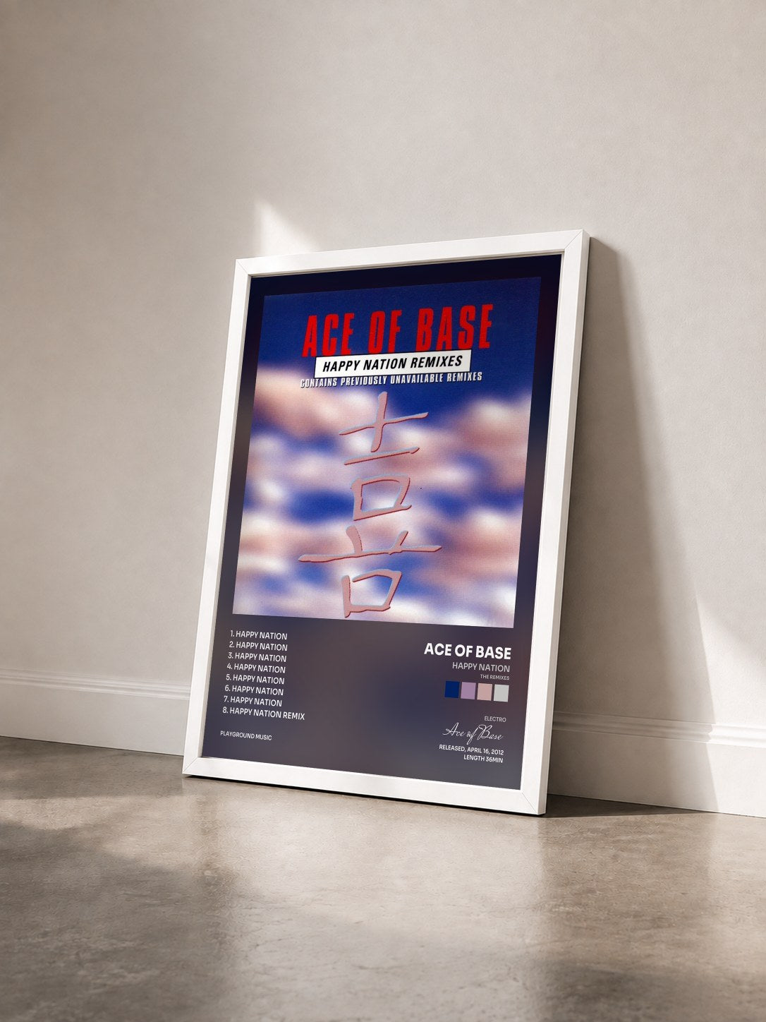 #blanc Tableau de l'album Happy Nation (The Remixes) de Ace of Base vu de trois quarts, cadre blanc