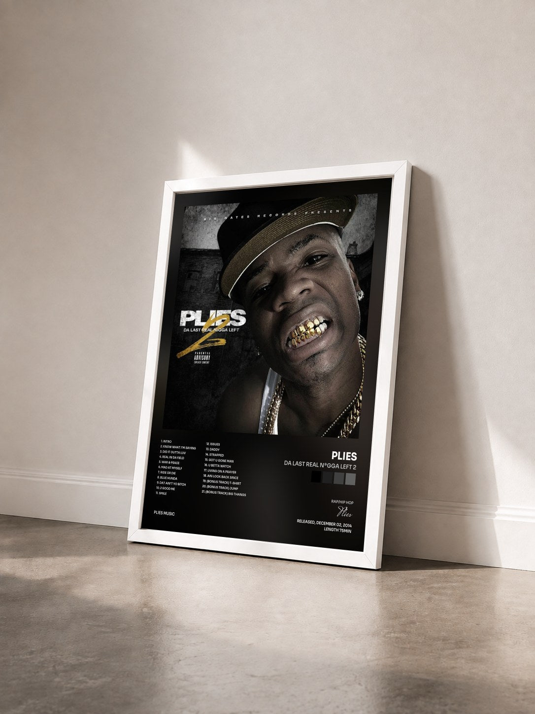 #blanc Tableau de l'album Da Last Real N*gga Left 2 de Plies vu de trois quarts, cadre blanc