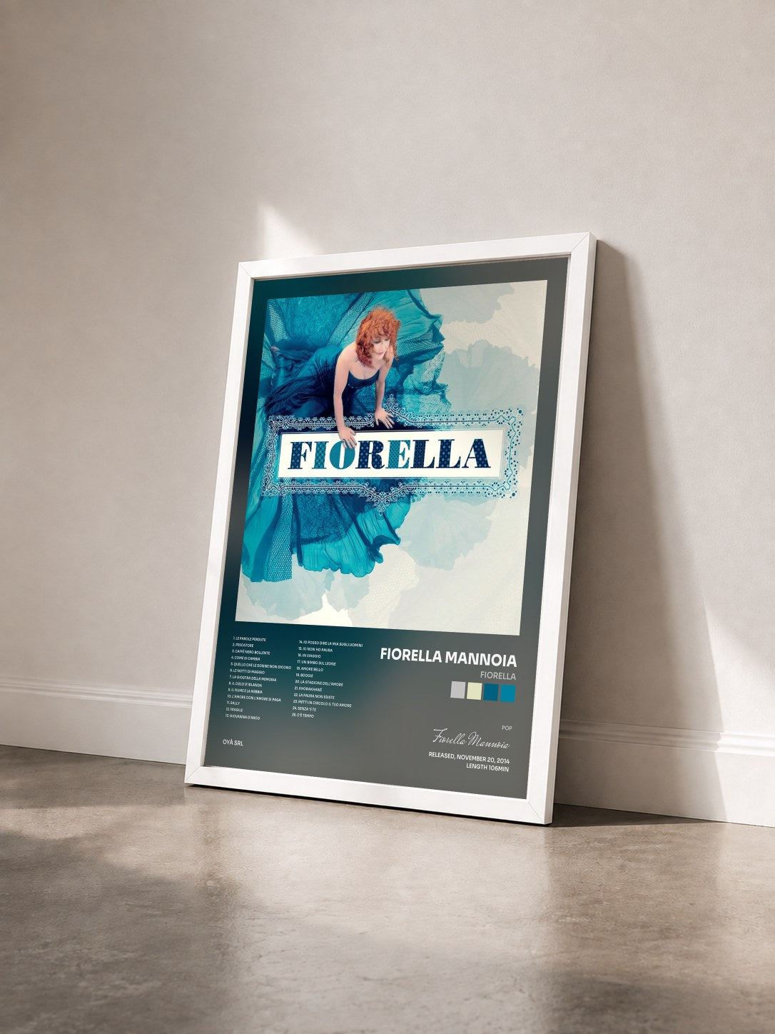 #blanc Tableau de l'album Fiorella de Fiorella Mannoia vu de trois quarts, cadre blanc