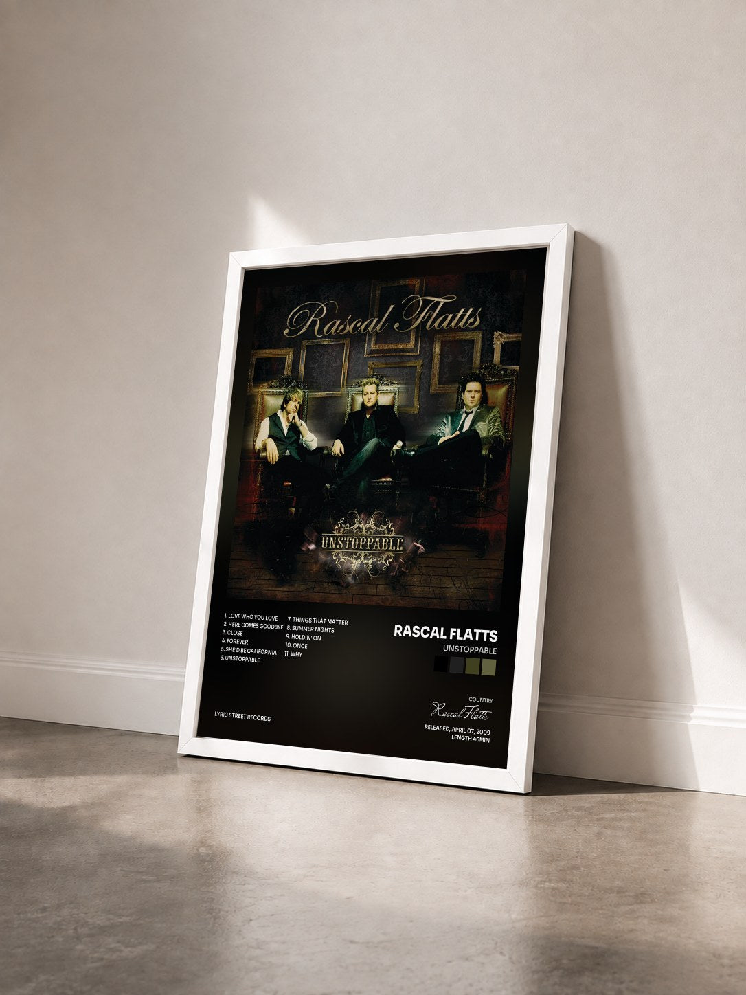 #blanc Tableau de l'album Unstoppable de Rascal Flatts vu de trois quarts, cadre blanc