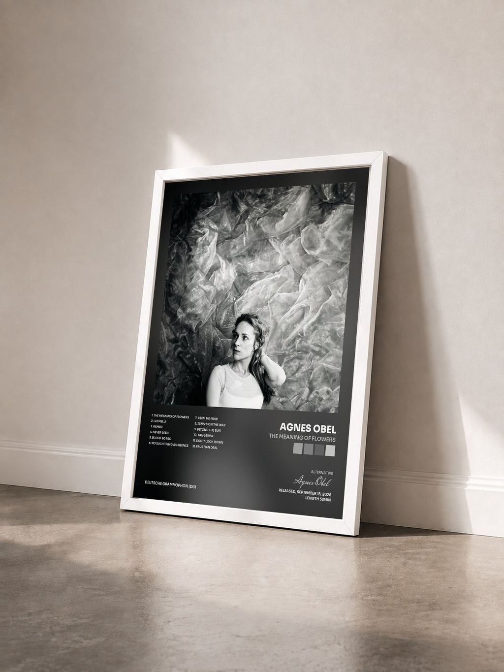#blanc Tableau de l'album The Meaning of Flowers de Agnes Obel vu de trois quarts, cadre blanc