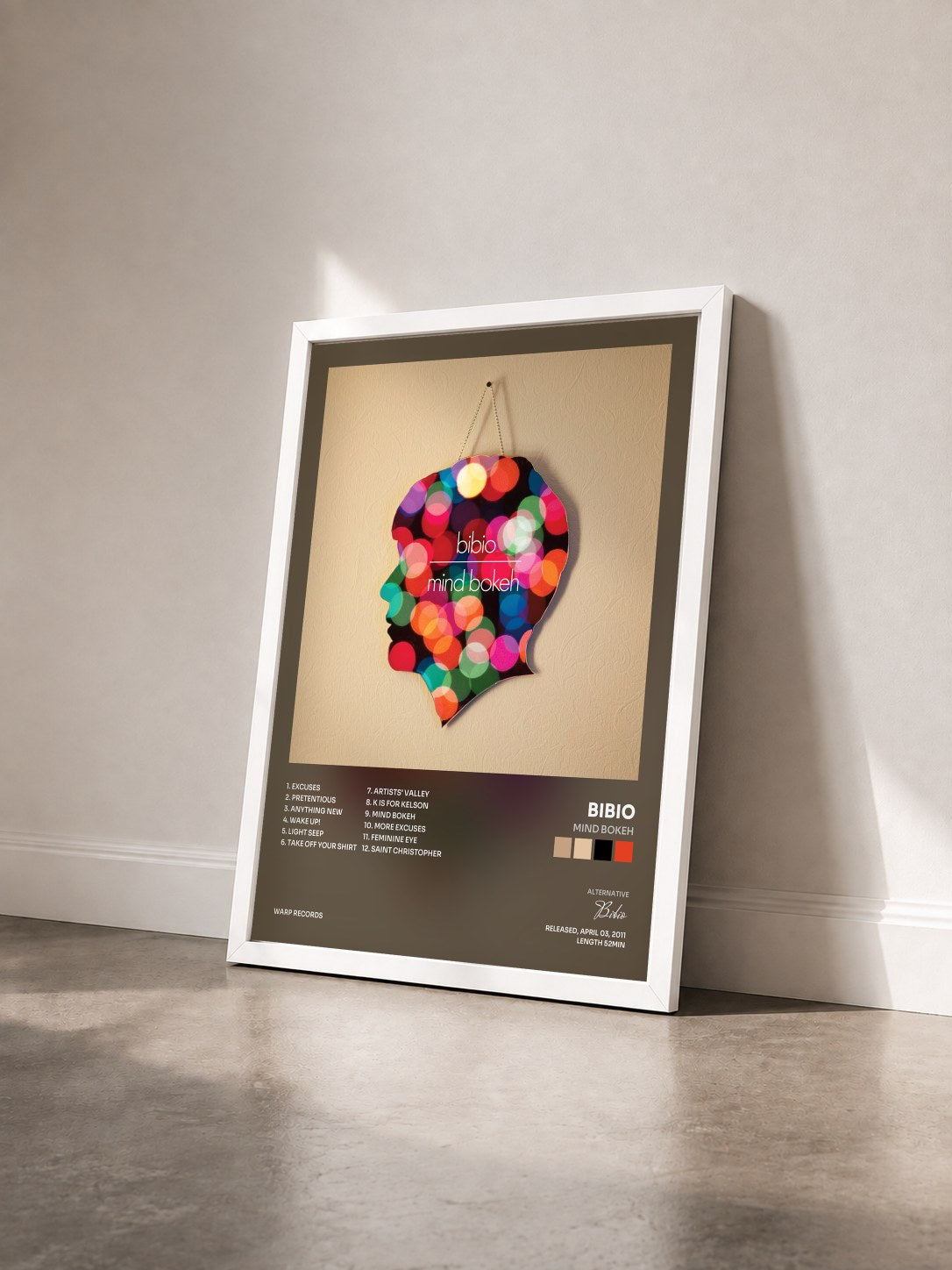 #blanc Tableau de l'album Mind Bokeh de Bibio vu de trois quarts, cadre blanc