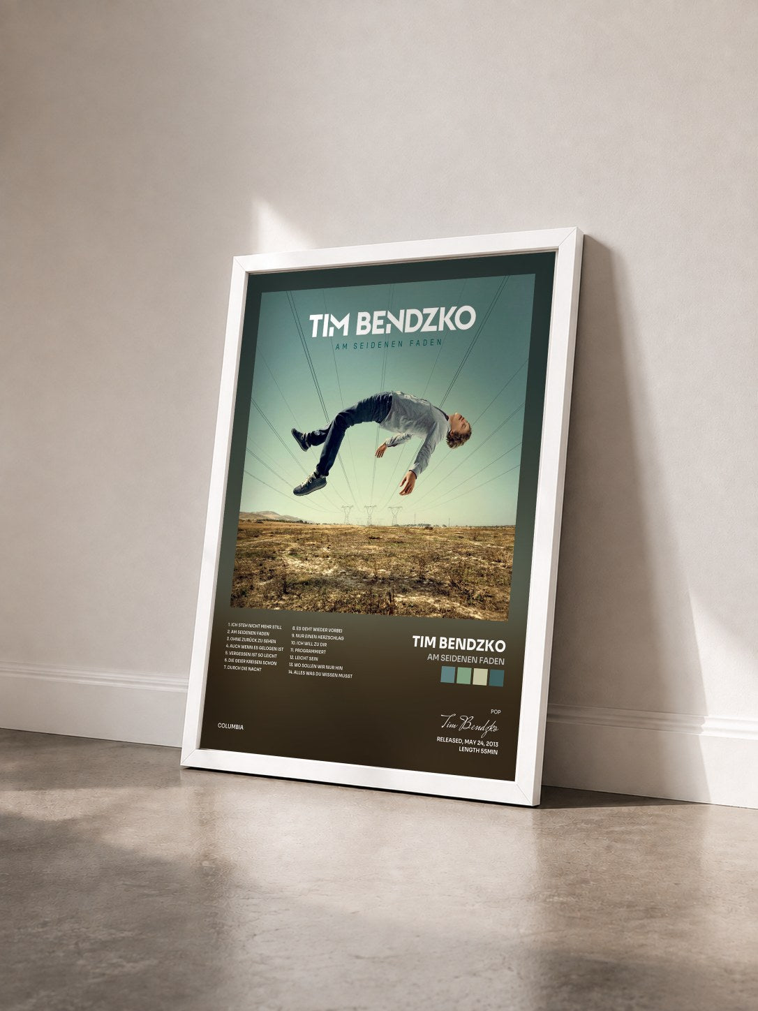 #blanc Tableau de l'album Am seidenen Faden de Tim Bendzko vu de trois quarts, cadre blanc