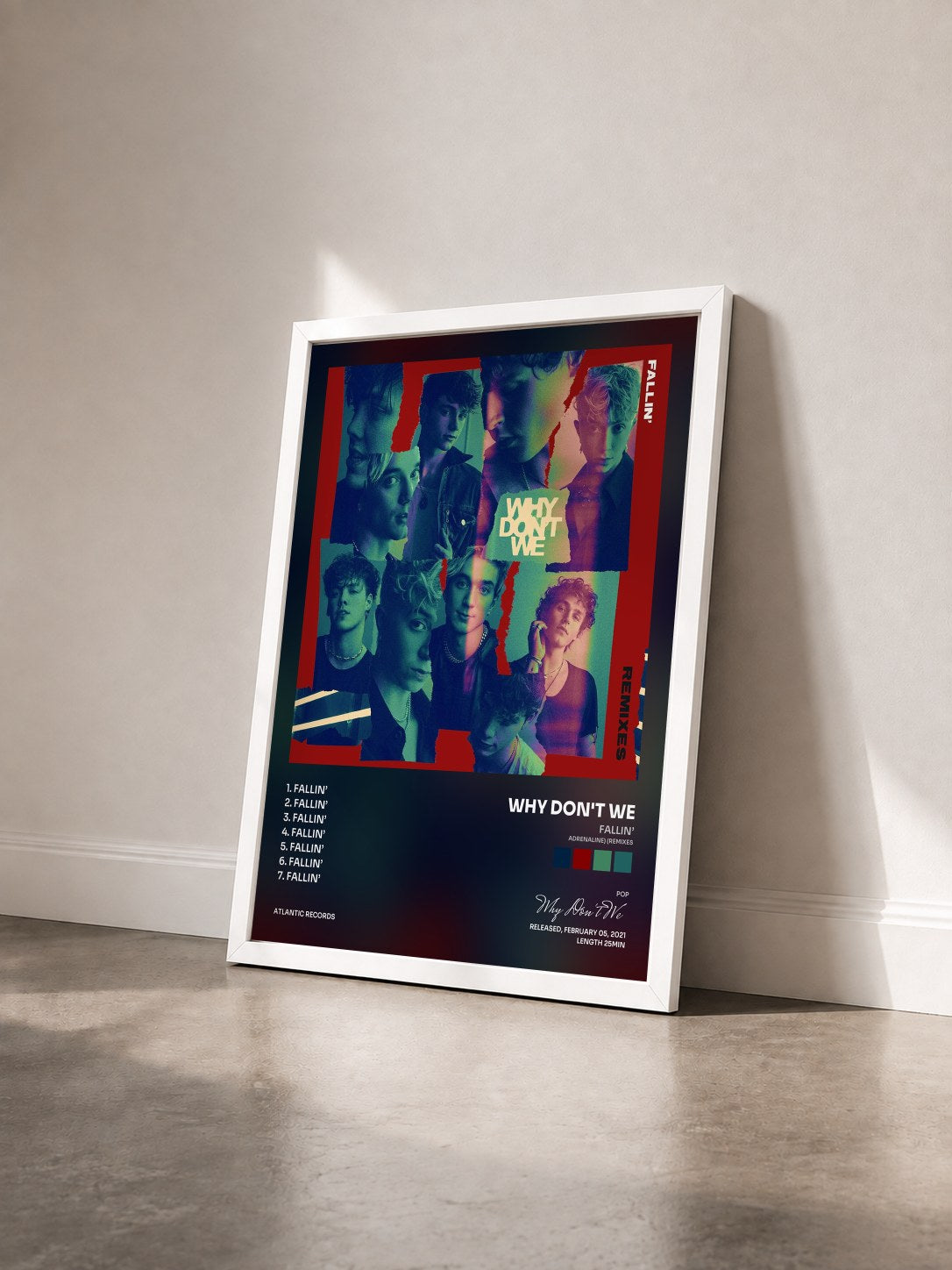 #blanc Tableau de l'album Fallin’ (Adrenaline) (Remixes) de Why Don't We vu de trois quarts, cadre blanc