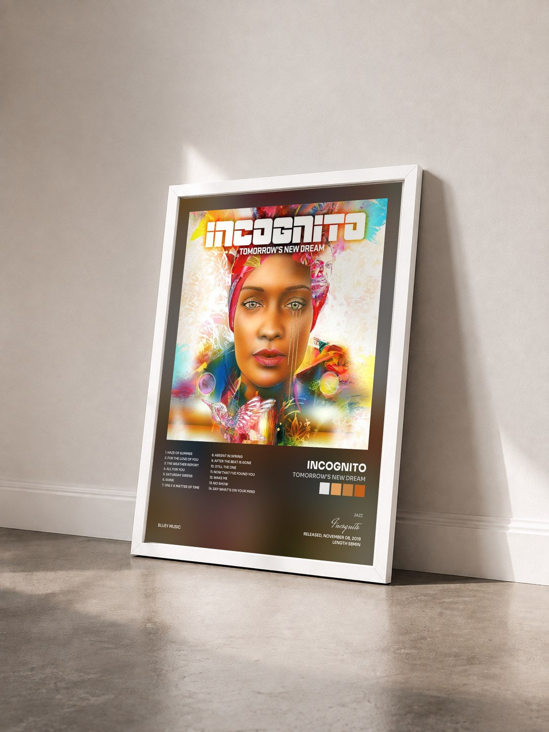 #blanc Tableau de l'album Tomorrow's New Dream de Incognito vu de trois quarts, cadre blanc