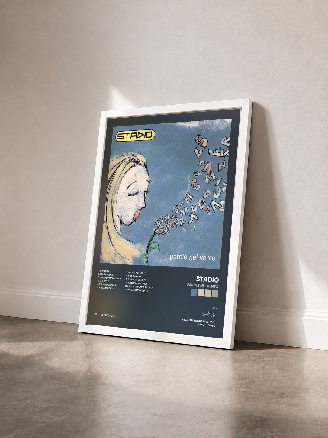 #blanc Tableau de l'album Parole Nel Vento de Stadio vu de trois quarts, cadre blanc
