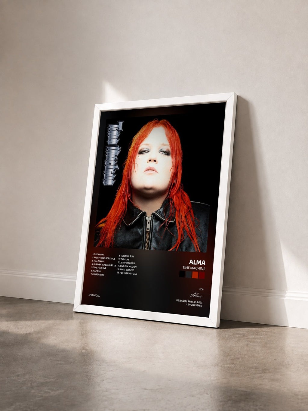 #blanc Tableau de l'album Time Machine de Alma vu de trois quarts, cadre blanc