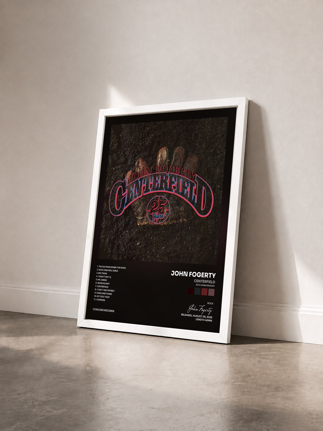 #blanc Tableau de l'album Centerfield (25th Anniversary) de John Fogerty vu de trois quarts, cadre blanc