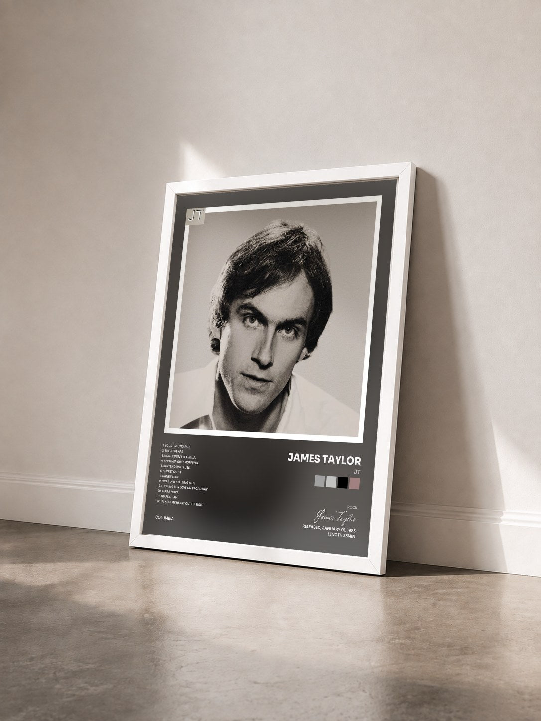 #blanc Tableau de l'album JT de James Taylor vu de trois quarts, cadre blanc